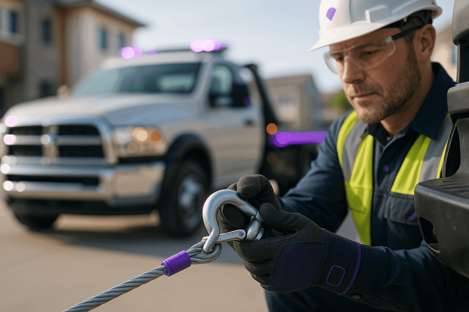 Tow truck worker in safety gear attaching tow cable to vehicle hitch at clean job site
