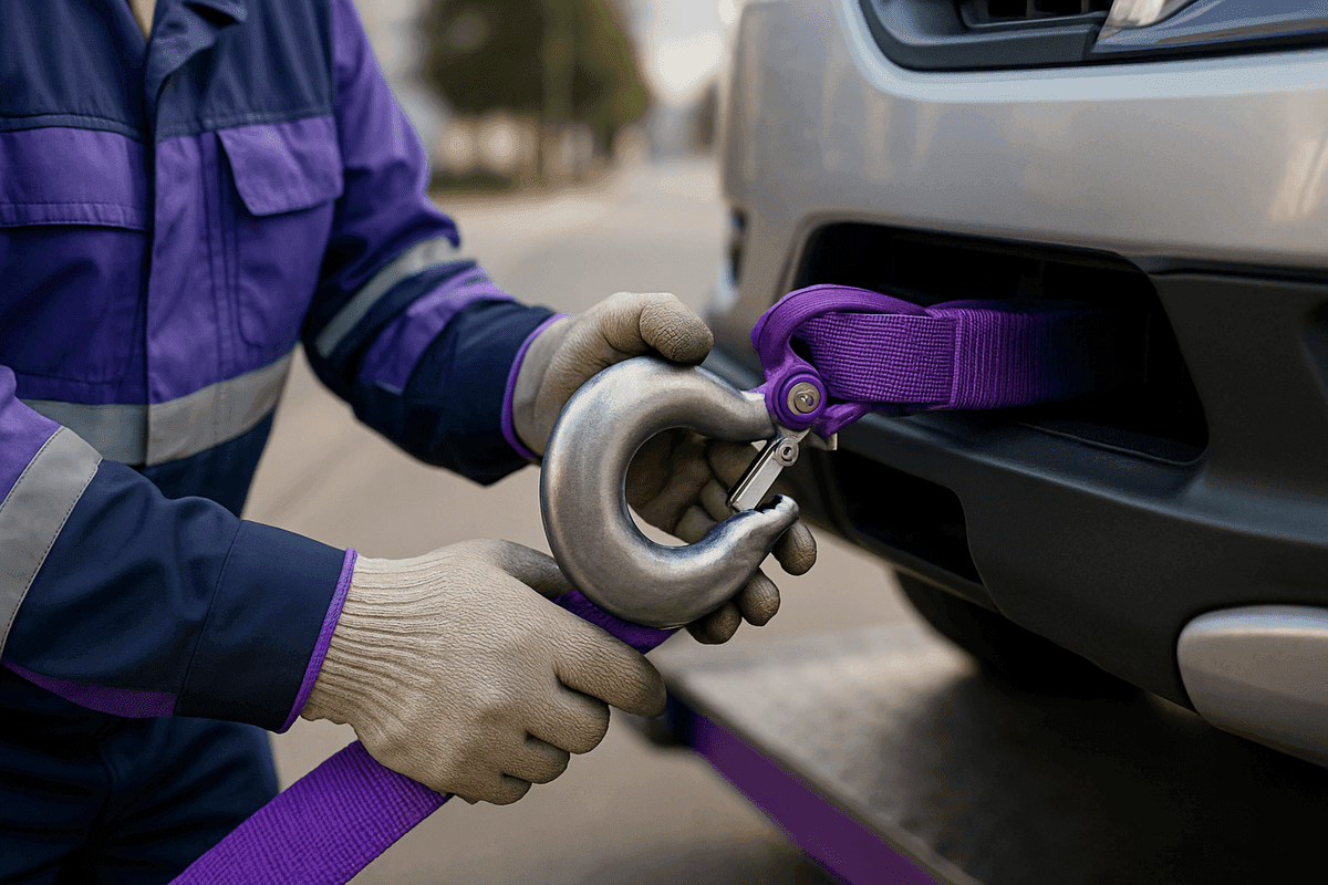 Technician in safety gloves securing tow hook to vehicle frame in urban roadside setting